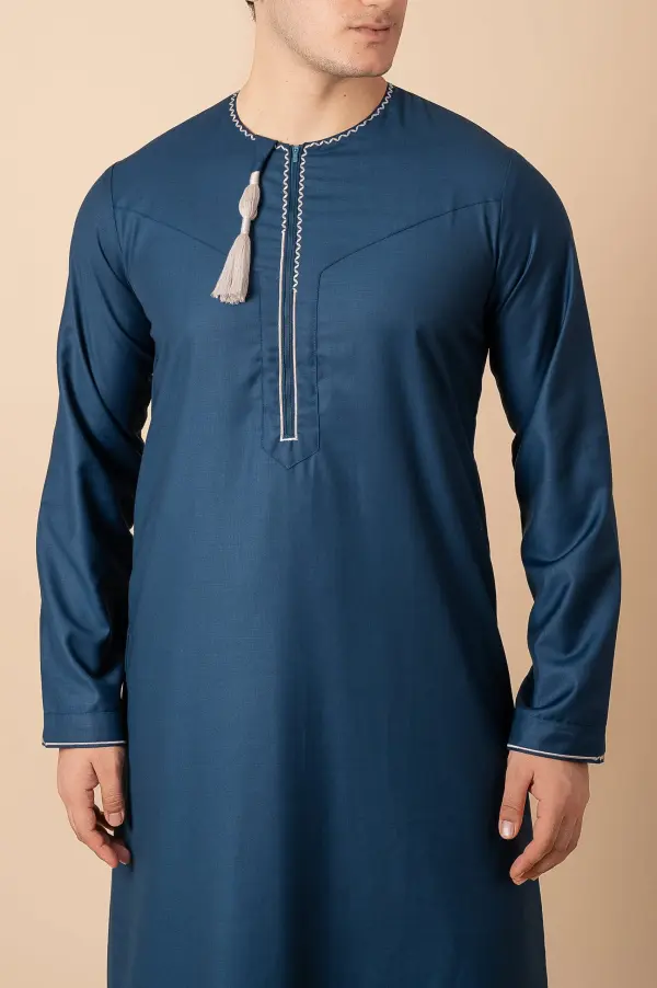Teal Blue Omani Thobe with White Geometric Embroidery & Tassel - Image 5 - Ruby Online