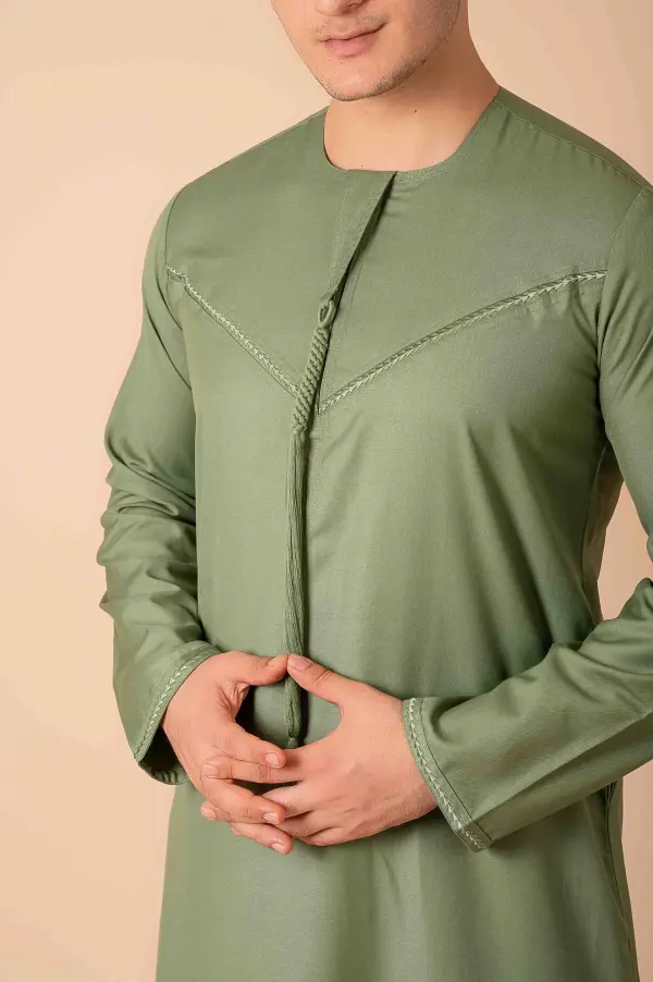 Premium Sage Green Emirati Tassel Thobe for Men – Light Grey Braided Front Kandura Design - Image 4 - Ruby Online