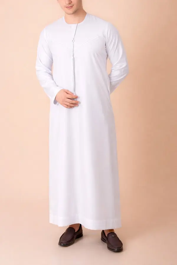 Premium Pure White Emirati Tassel Thobe with Tonal Embroidered Detailing - Image 2 - Ruby Online