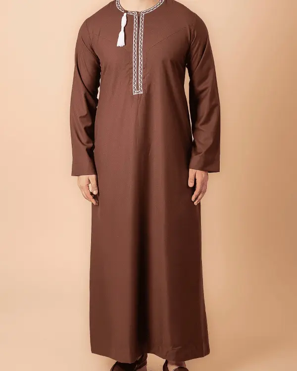 Coffee Brown Omani Thobe with White Geometric Embroidery & Tassel - Image 4 - Ruby Online