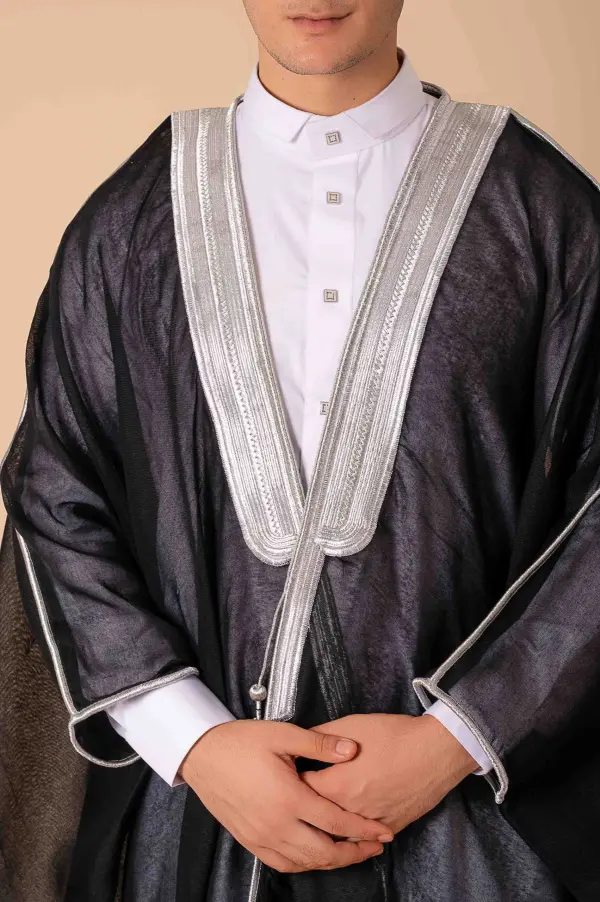 Royal Prestige Black Arabic Bisht for Men with Intricate Silver Zari Border – Premium Lightweight Open-Front Luxury Cloak - Image 5 - Ruby Online