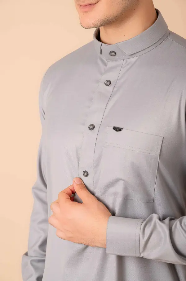 Premium Light Grey Minimalist Band-Collar Designer Thobe for Men with Metal Button Detail - Image 5 - Ruby Online