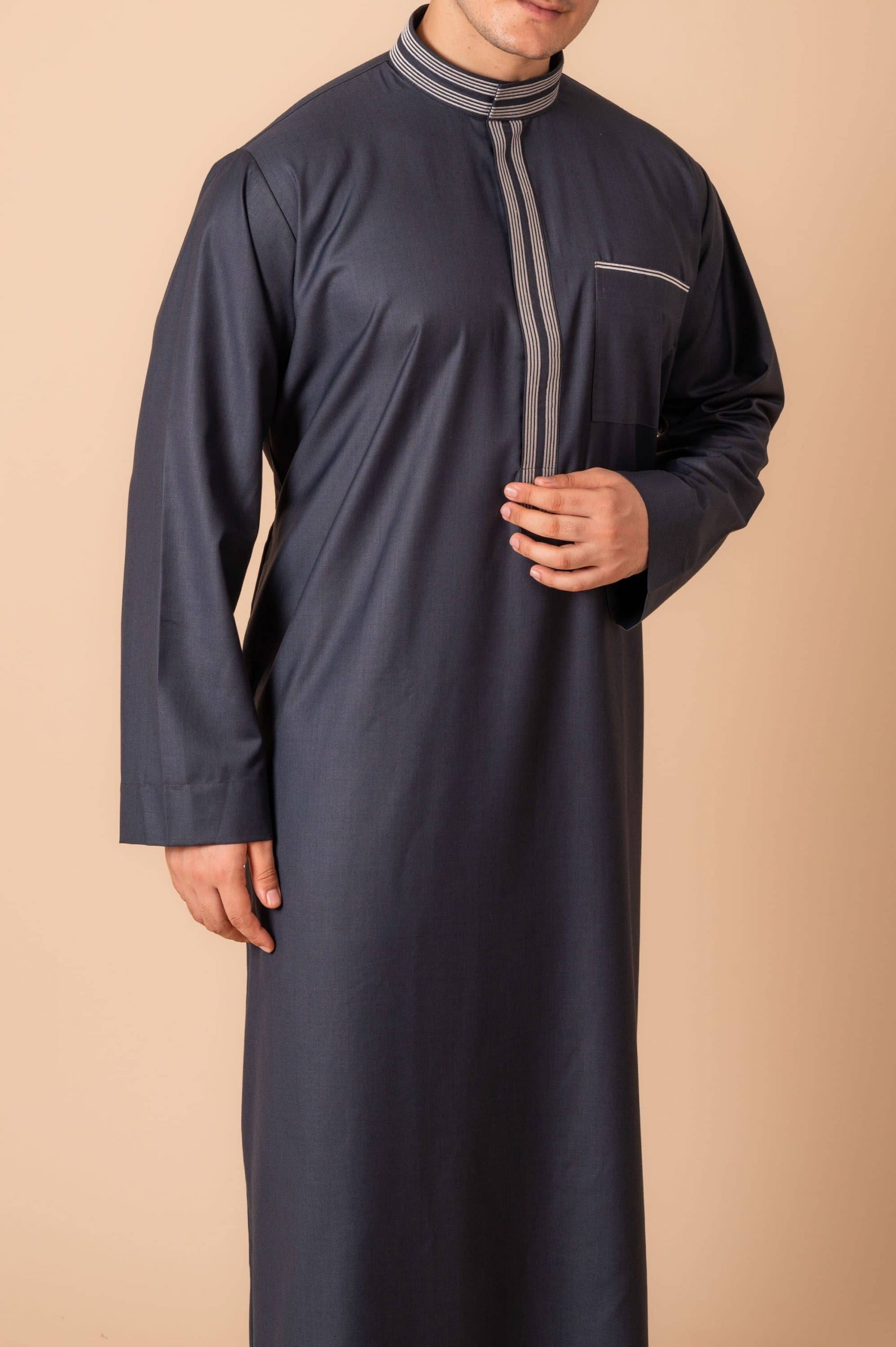 Premium Deep Charcoal Grey Emirati Designer Thobe with Striped Embroidered Placket - Image 8 - Ruby Online