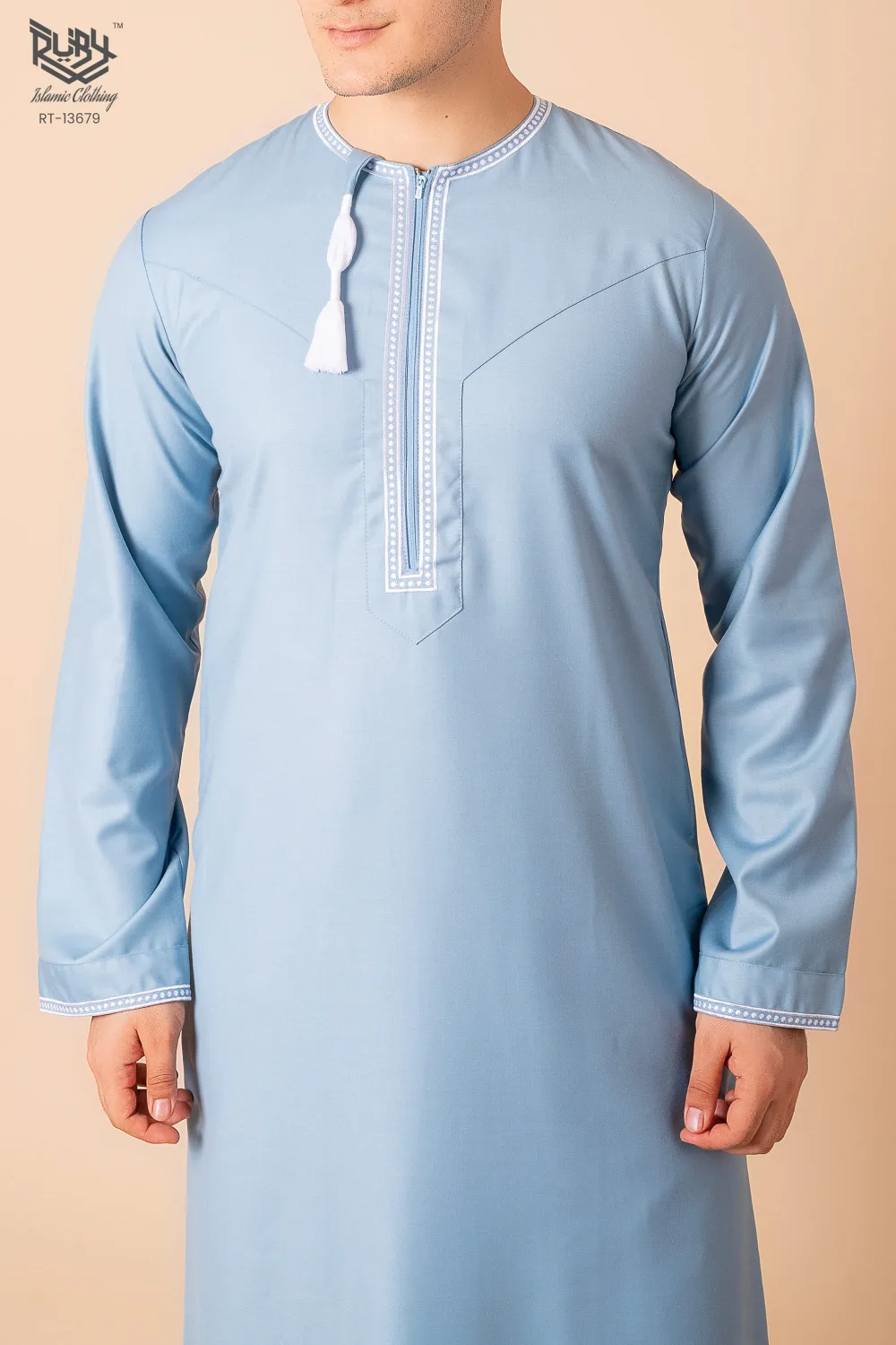 Light Sky Blue Omani Thobe with White Loop Embroidery & Tassel - Image 4 - Ruby Online