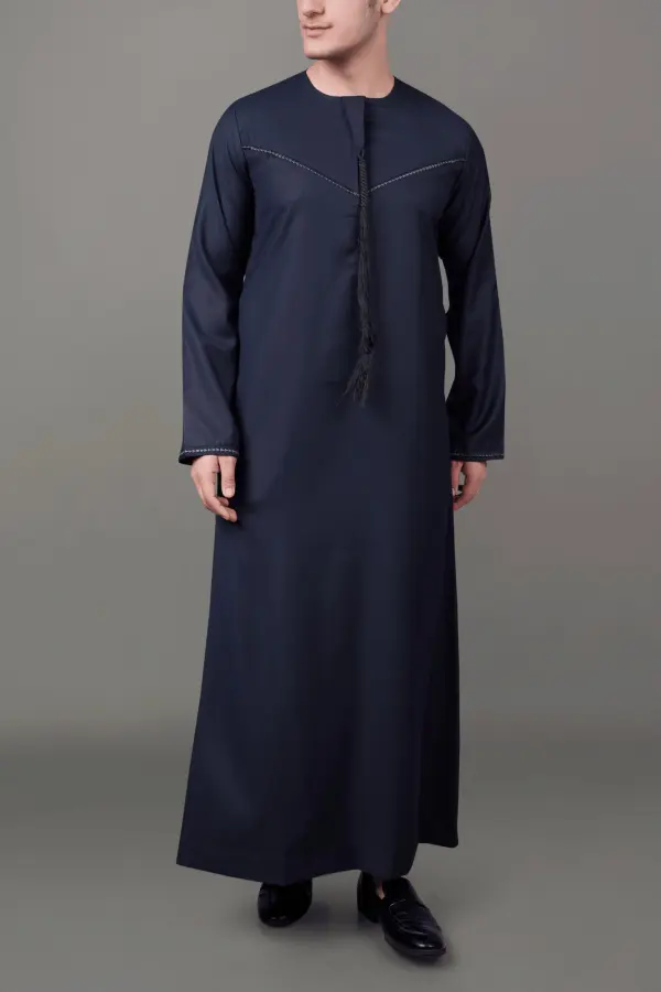 Premium Deep Dark Grey Emirati Tassel Thobe with Black Contrast Embroidery - Image 4 - Ruby Online