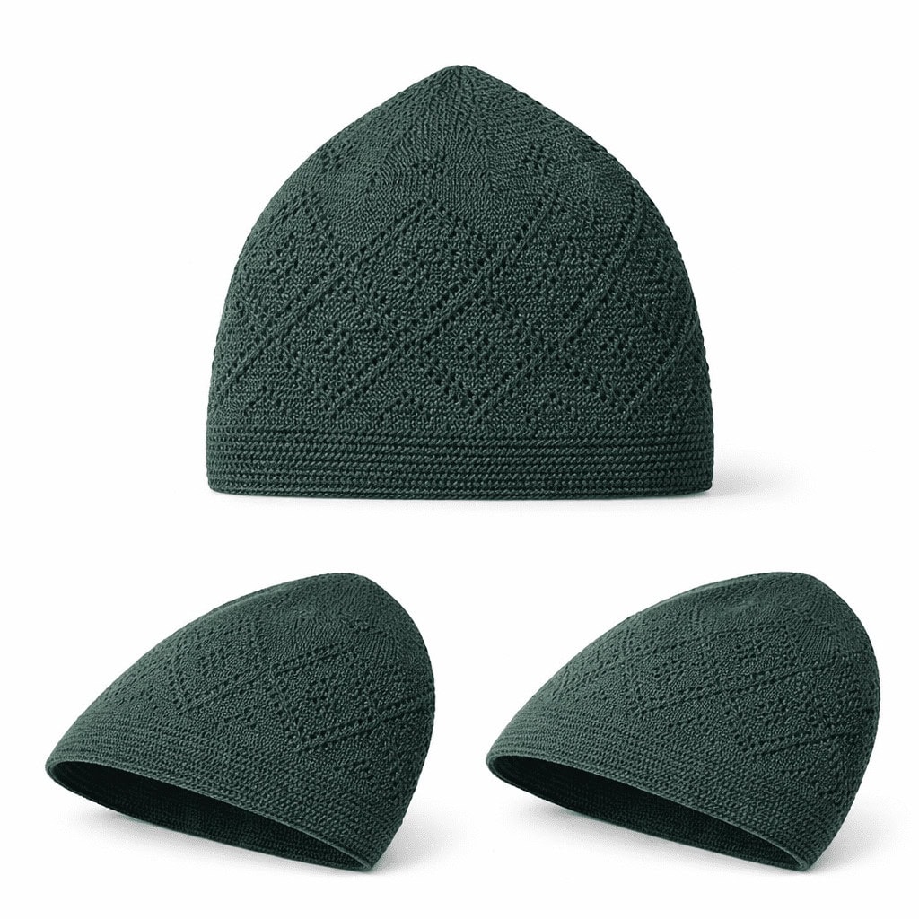 Premium Dark Green Knitted Kufi Prayer Cap for Men – Breathable Geometric Openwork Islamic Skull Cap - Image 4 - Ruby Online