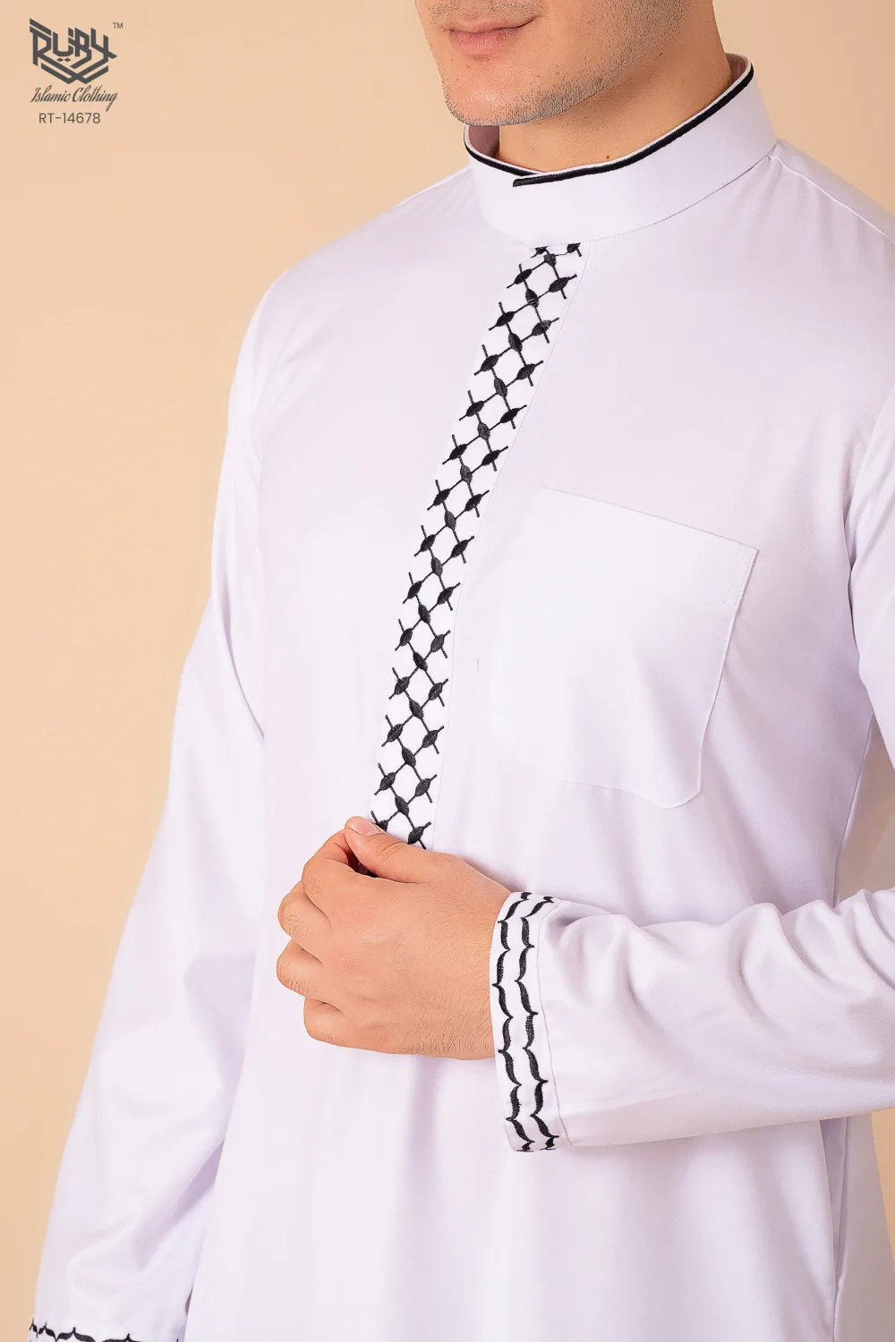 Men’s Classic White Thobe with Black Lattice Embroidery Strip & Contrast Cuff Trim - Image 5 - Ruby Online