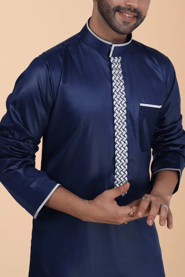 Navy Blue Thobe with White Geometric Embroidery Strip & Band Collar - Image 5 - Ruby Online
