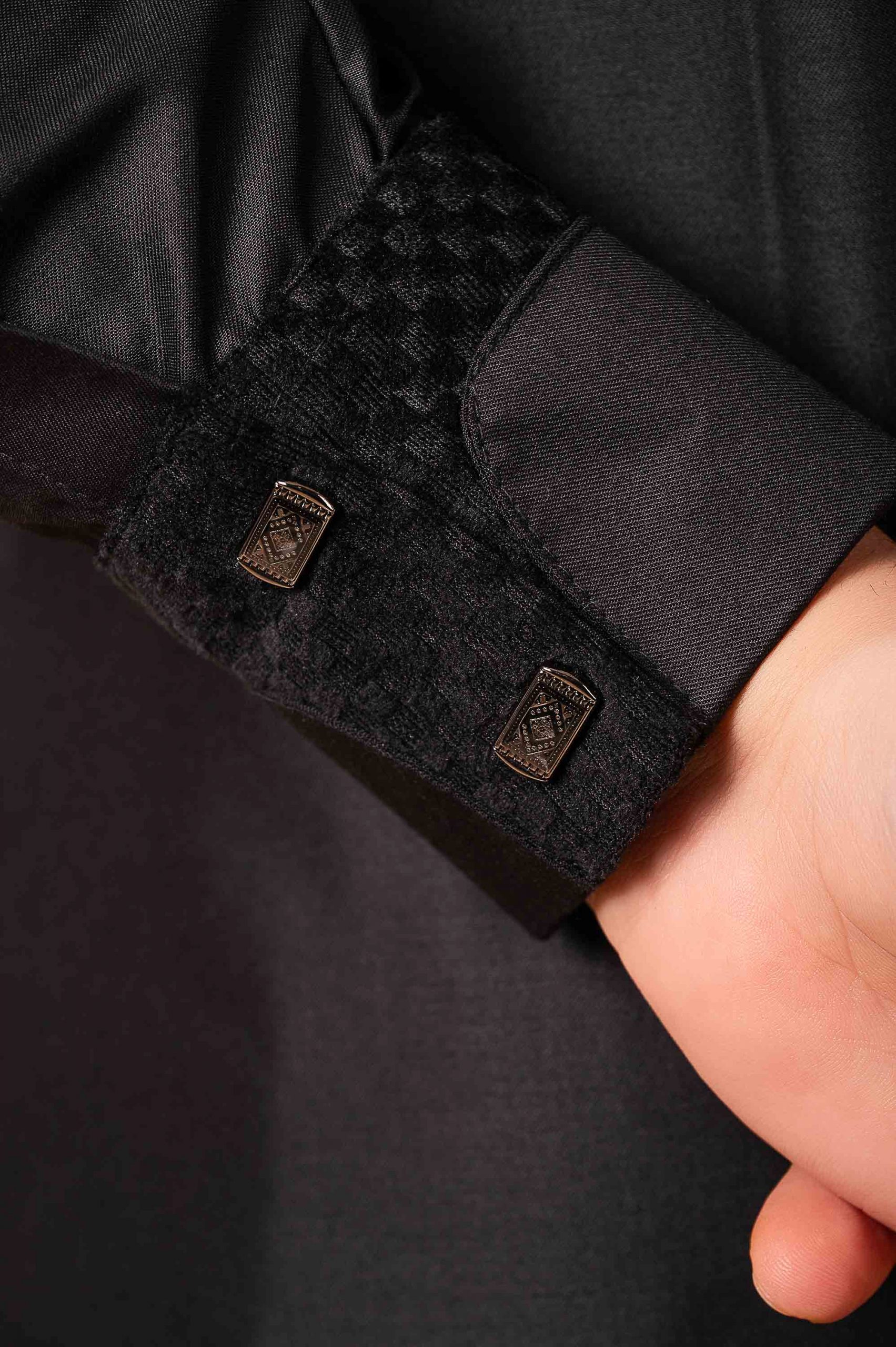 Premium Jet Black Designer Thobe for Men with Textured Trim Placket & Modern Band Collar - Image 9 - Ruby Online