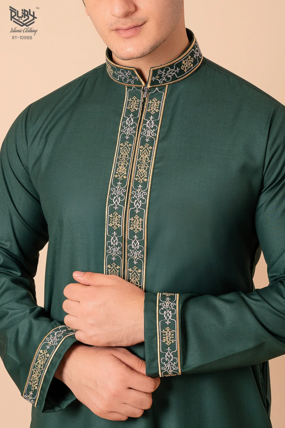 Emerald Green Men’s Thobe with Gold Floral Embroidery Placket & Cuff Borders - Image 5 - Ruby Online