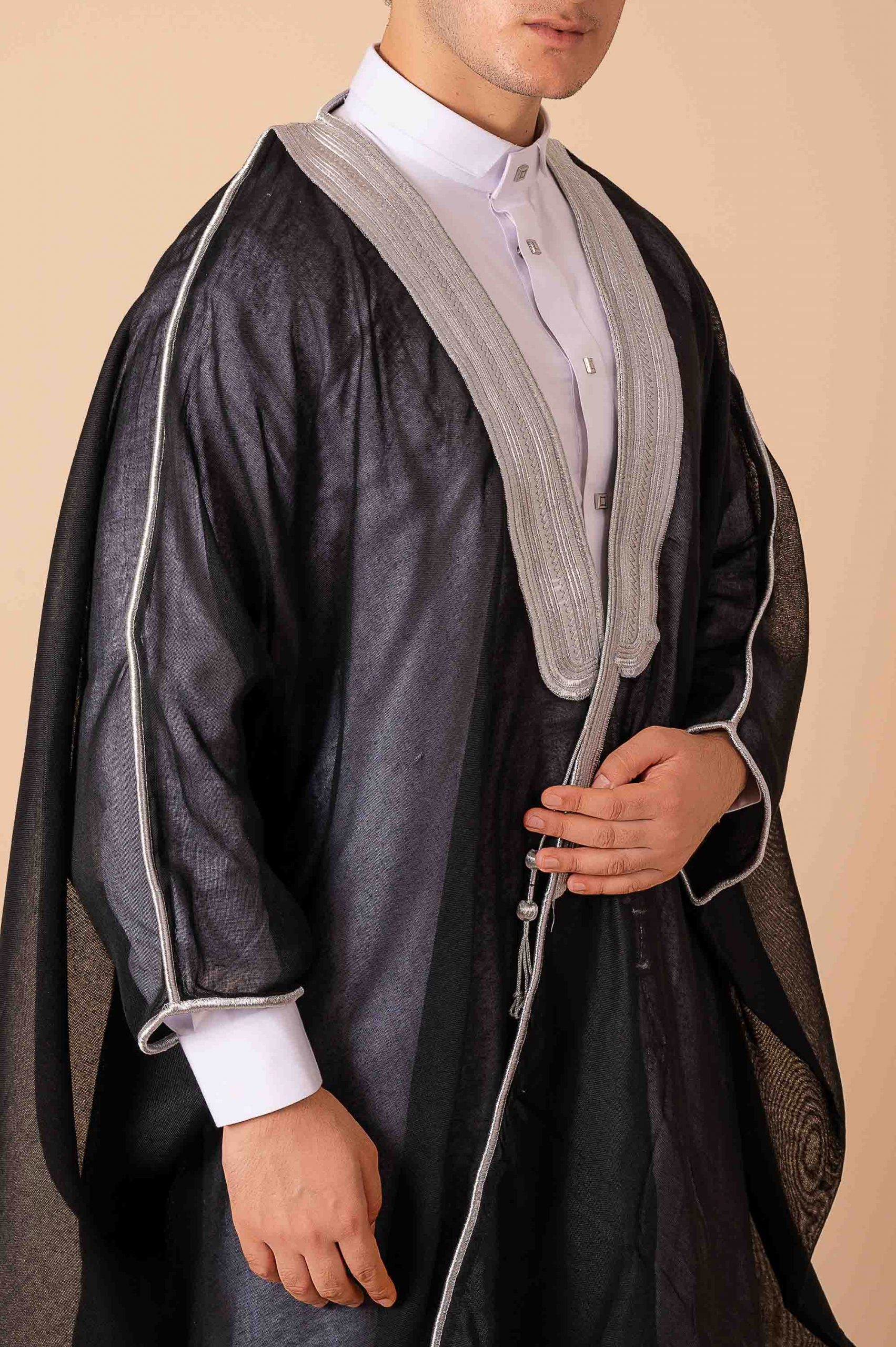 Royal Prestige Black Arabic Bisht for Men with Intricate Silver Zari Border – Premium Lightweight Open-Front Luxury Cloak - Image 9 - Ruby Online