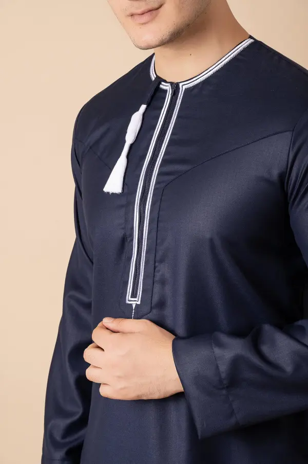 Navy Blue Omani Thobe with White Embroidered Placket & Tassel - Image 4 - Ruby Online
