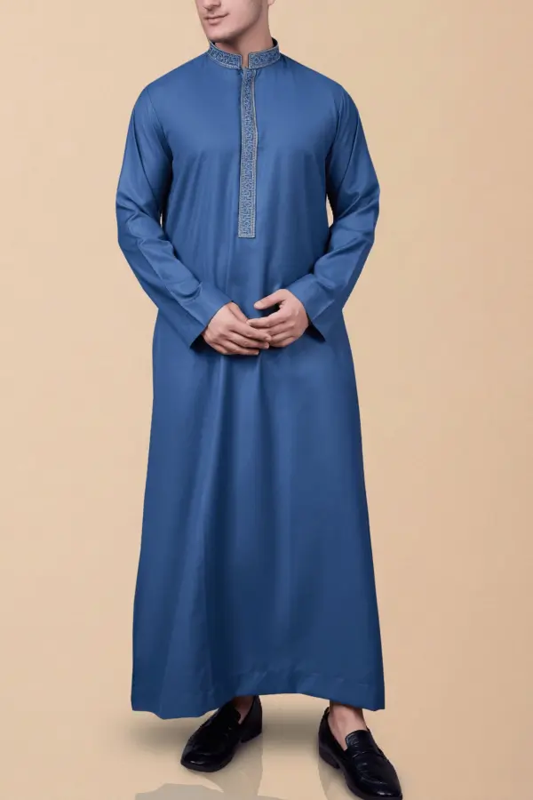 Steel Blue Emirati Thobe with Silver Geometric Embroidered Collar & Placket