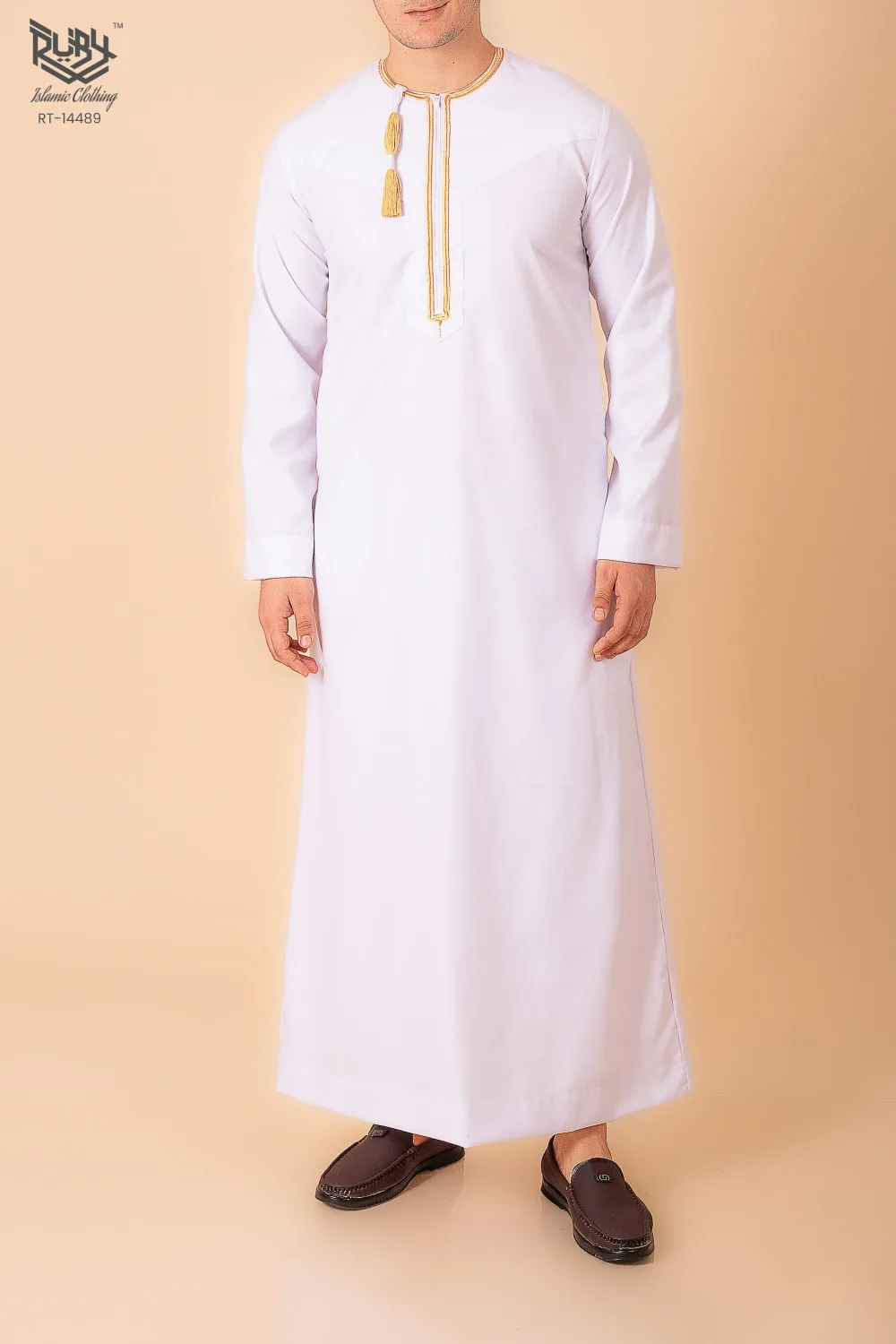 White Omani Thobe with Golden Embroidered Placket & Tassel