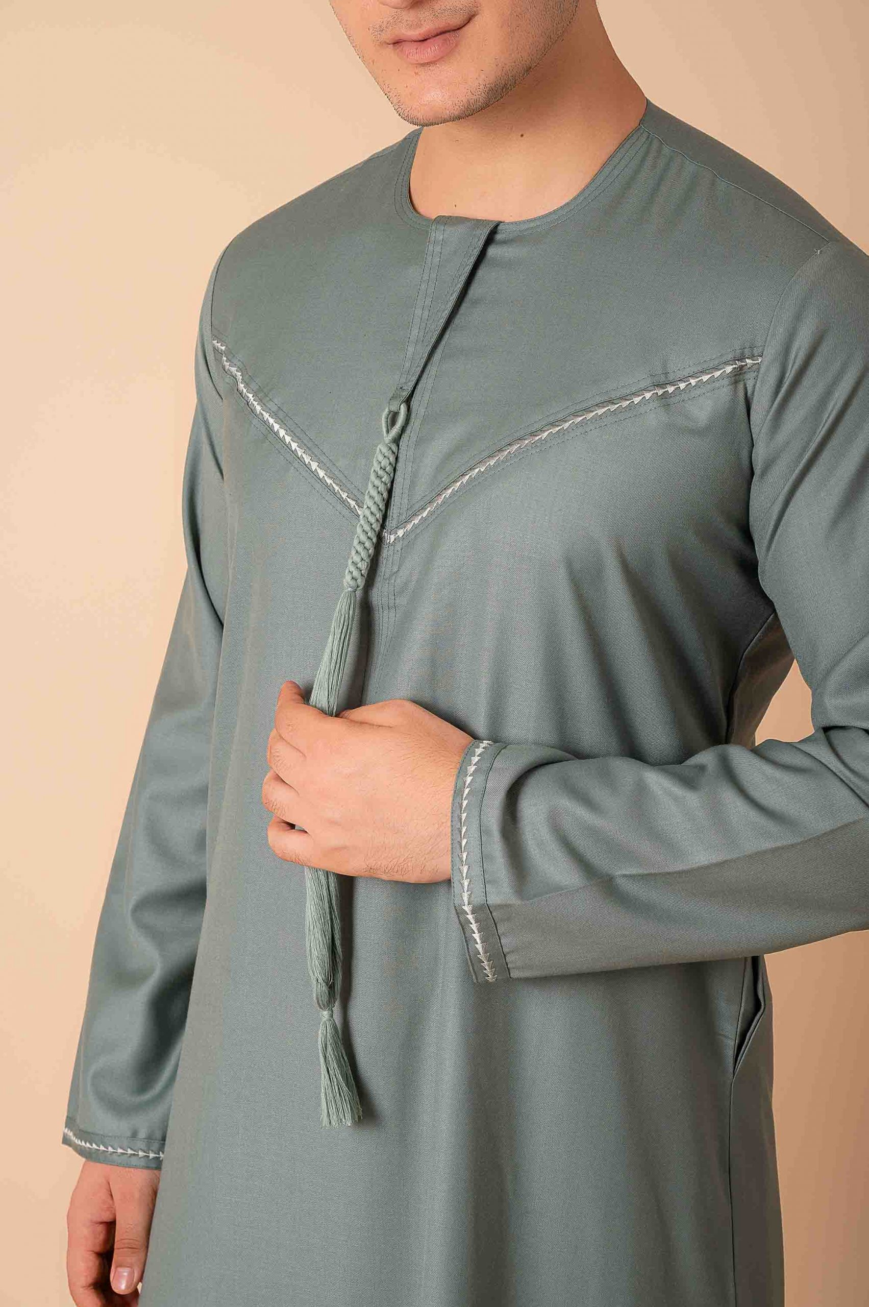 Premium Sage Green Emirati Tassel Thobe for Men with Silver Braided V-Panel – Modern Kandura Style - Image 10 - Ruby Online