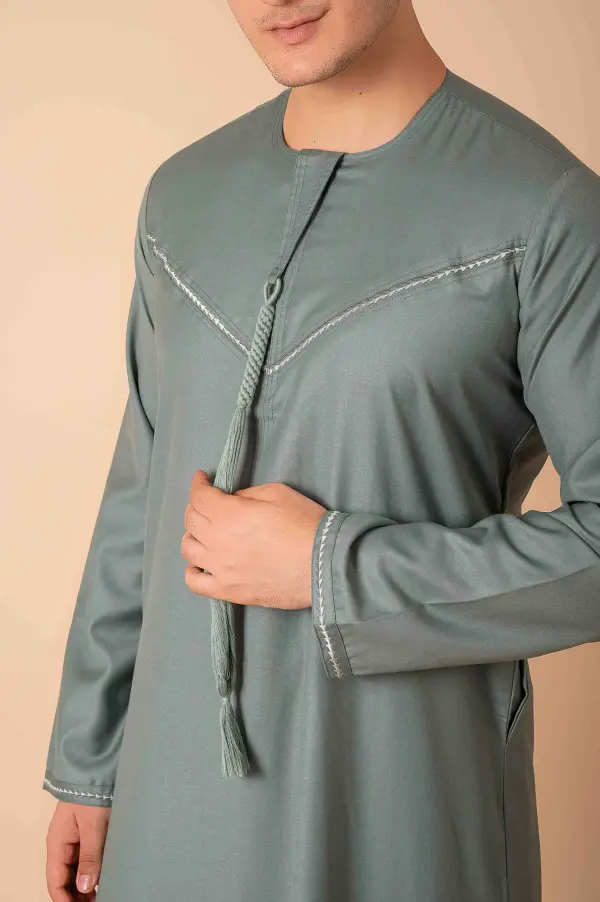 Premium Sage Green Emirati Tassel Thobe for Men with Silver Braided V-Panel – Modern Kandura Style - Image 6 - Ruby Online
