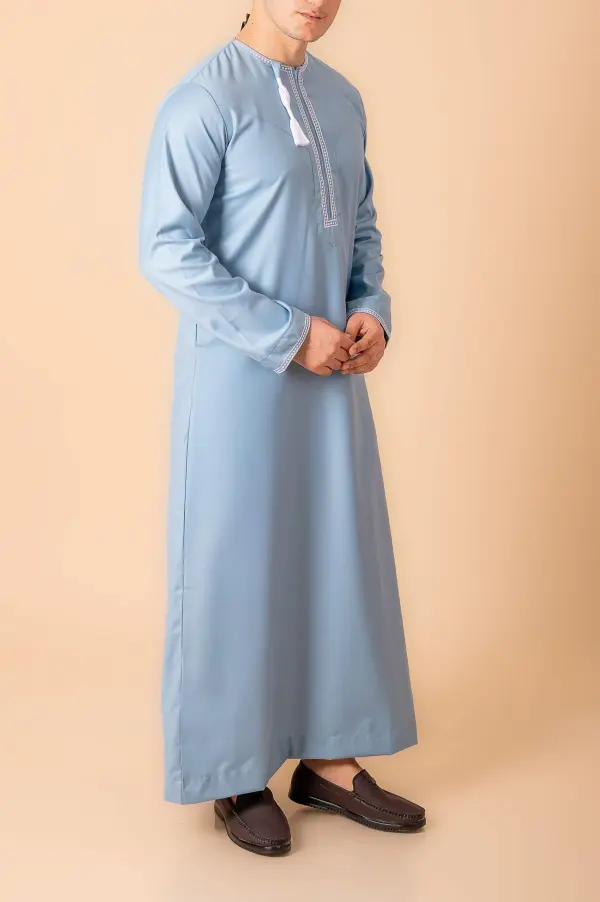Light Sky Blue Omani Thobe with White Loop Embroidery & Tassel - Image 3 - Ruby Online