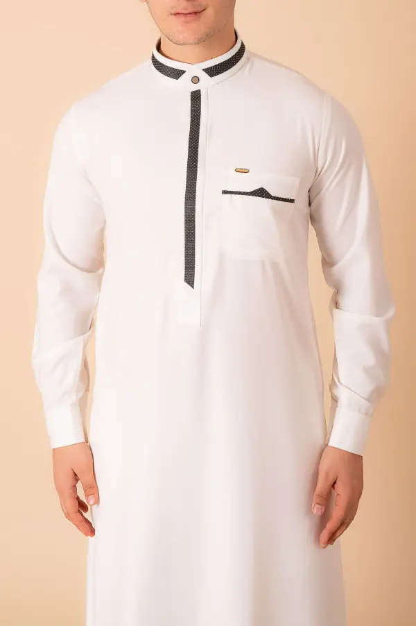 Luxury White Designer Thobe with Black Contrast Trim & Gold Detail - Image 3 - Ruby Online