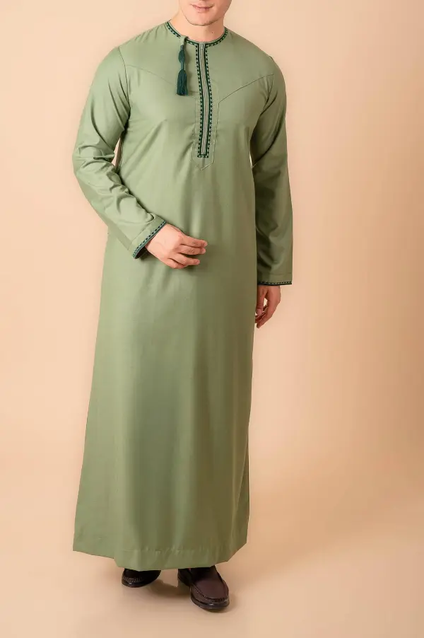 Light Olive Green Omani Thobe with Dark Green Geometric Embroidery & Tassel - Image 3 - Ruby Online
