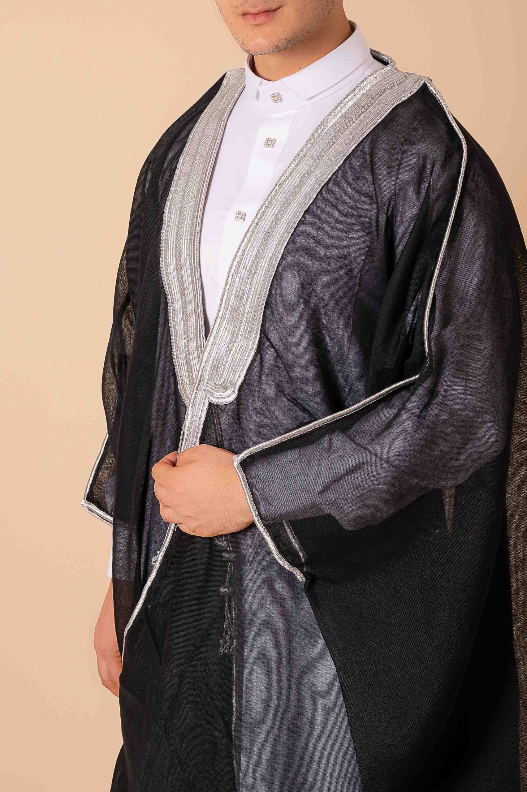Royal Prestige Black Arabic Bisht for Men with Intricate Silver Zari Border – Premium Lightweight Open-Front Luxury Cloak - Image 7 - Ruby Online
