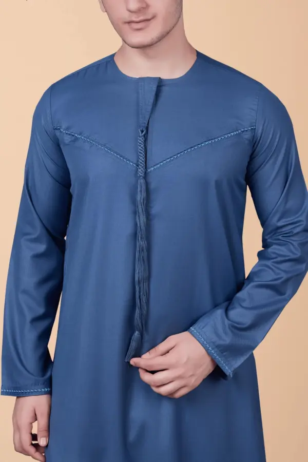 Steel Blue Emirati Thobe with Tassel & Subtle Chest Embroidery - Image 5 - Ruby Online