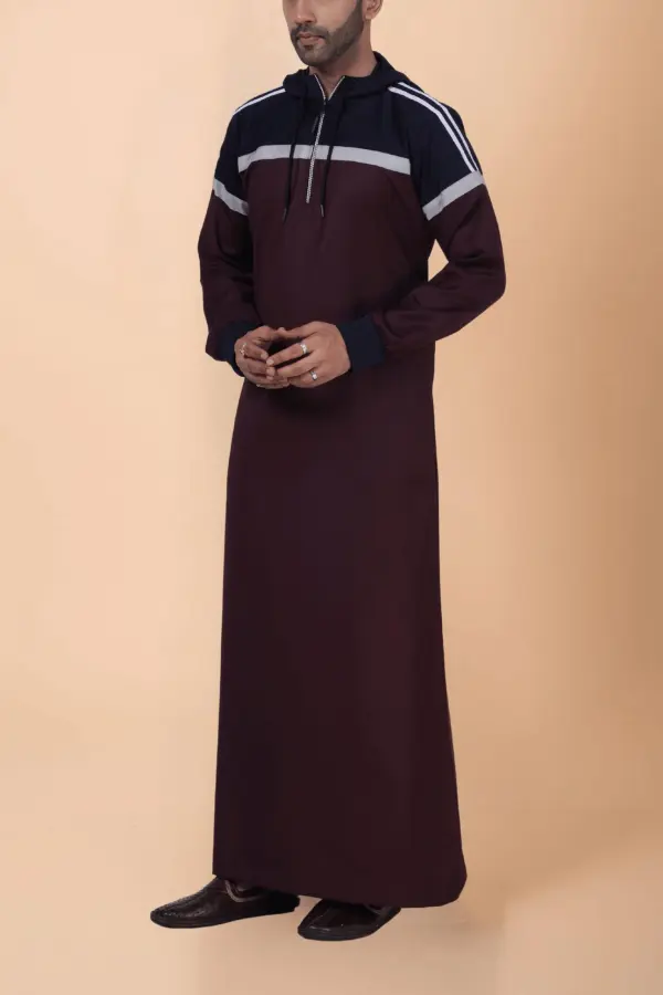 Men’s Maroon Hooded Thobe with Navy Panel & Grey Stripe Design - Image 2 - Ruby Online
