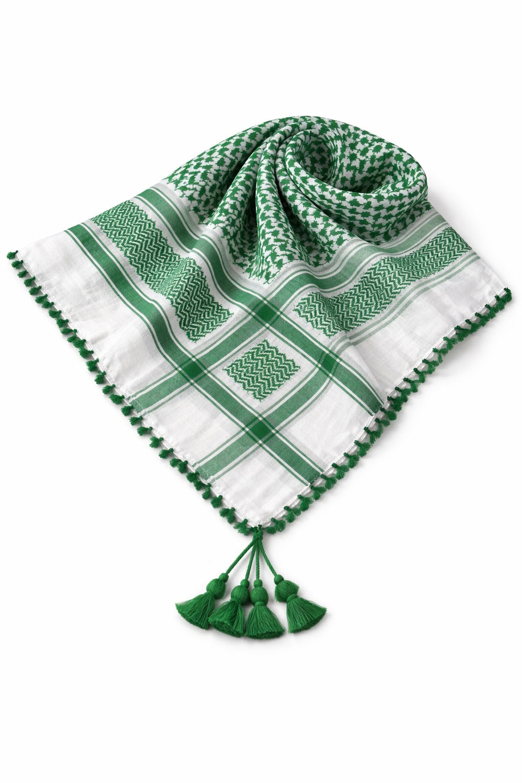 Premium Green & White Traditional Shemagh Scarf with Tassel Fringe - Image 5 - Ruby Online
