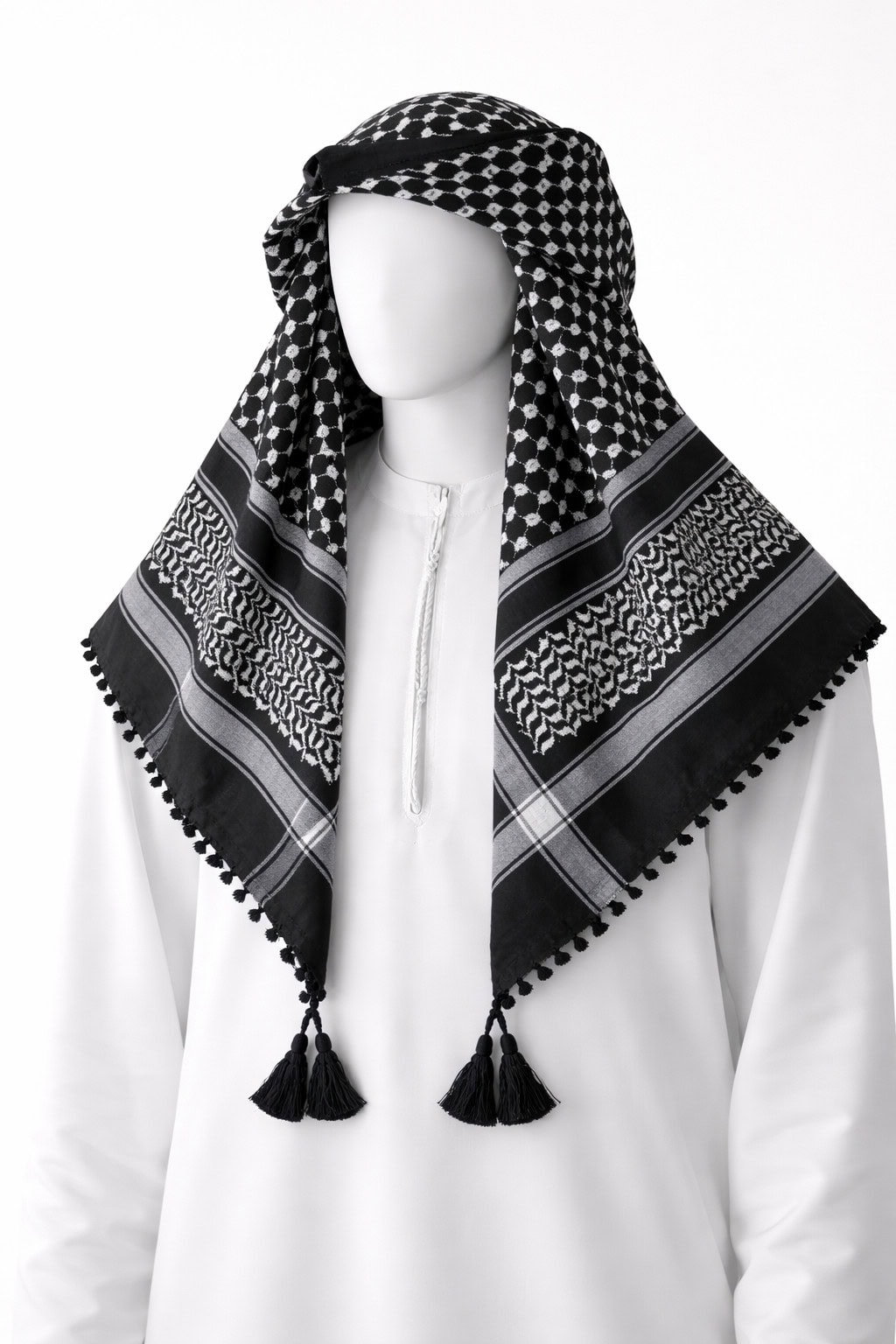 Premium Black Traditional Arab Shemagh Keffiyeh Scarf with Tassel Border - Image 4 - Ruby Online