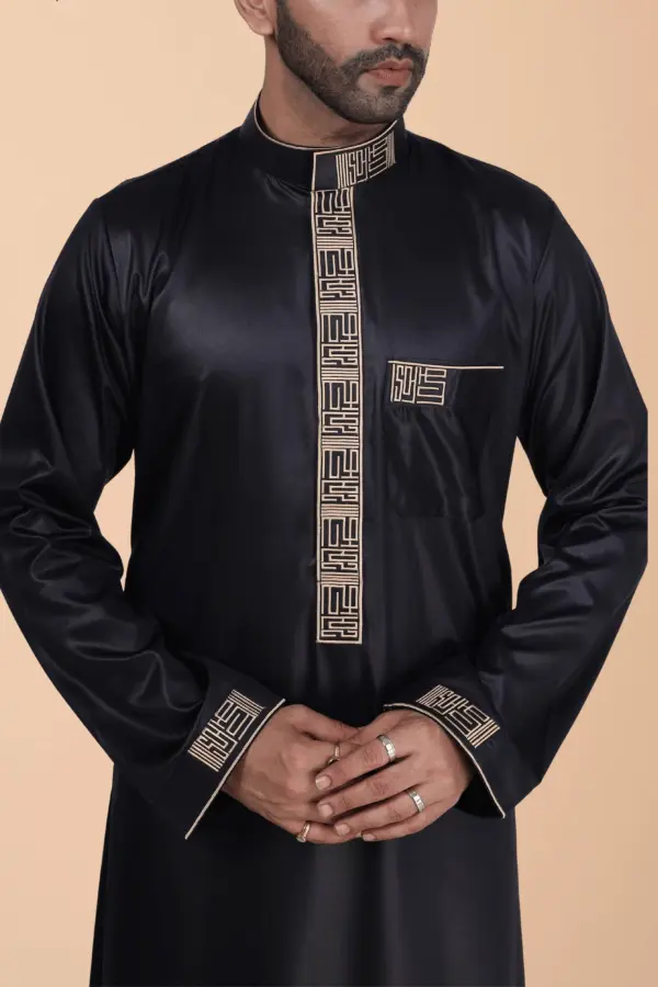 Luxury Black Designer Thobe for Men with Gold Geometric Embroidery - Image 4 - Ruby Online