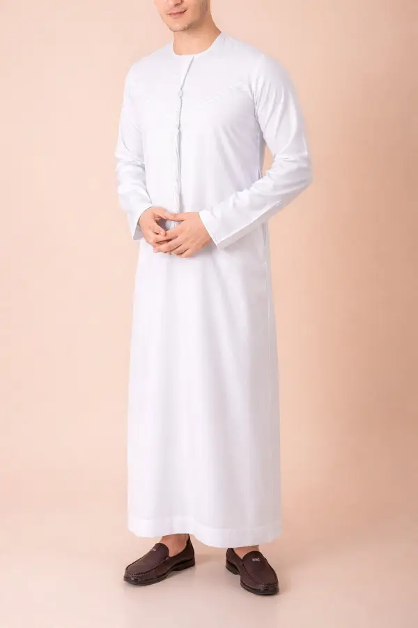 Premium Pure White Emirati Tassel Thobe with Tonal Embroidered Detailing - Image 3 - Ruby Online