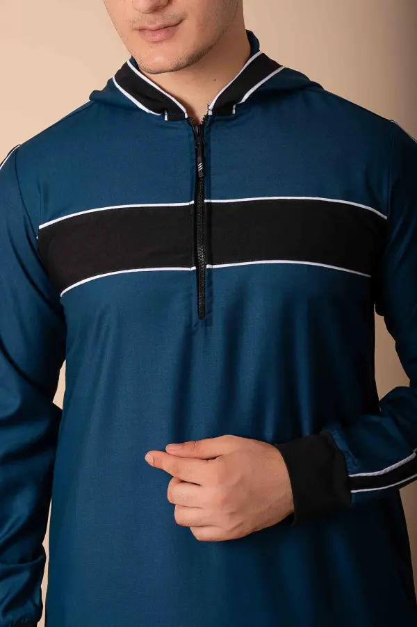 Men’s Teal Blue Hooded Thobe with Black Panel & White Stripe Accents - Image 5 - Ruby Online