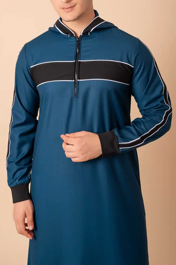 Men’s Teal Blue Hooded Thobe with Black Panel & White Stripe Accents - Image 3 - Ruby Online