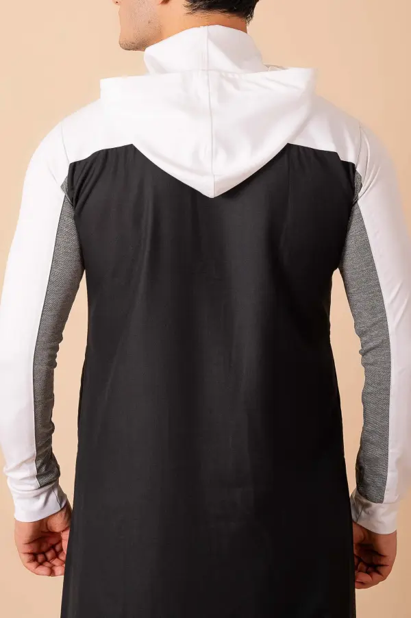 Men’s Black Hooded Thobe with White Sleeves & Red Stripe Panel - Image 4 - Ruby Online