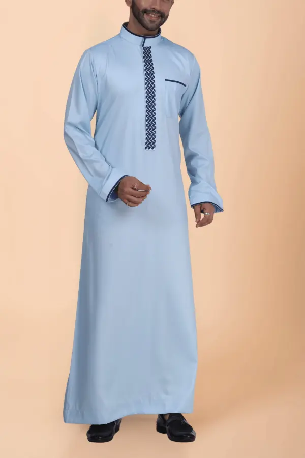 Light Blue Thobe with Navy Geometric Embroidery Strip & Band Collar