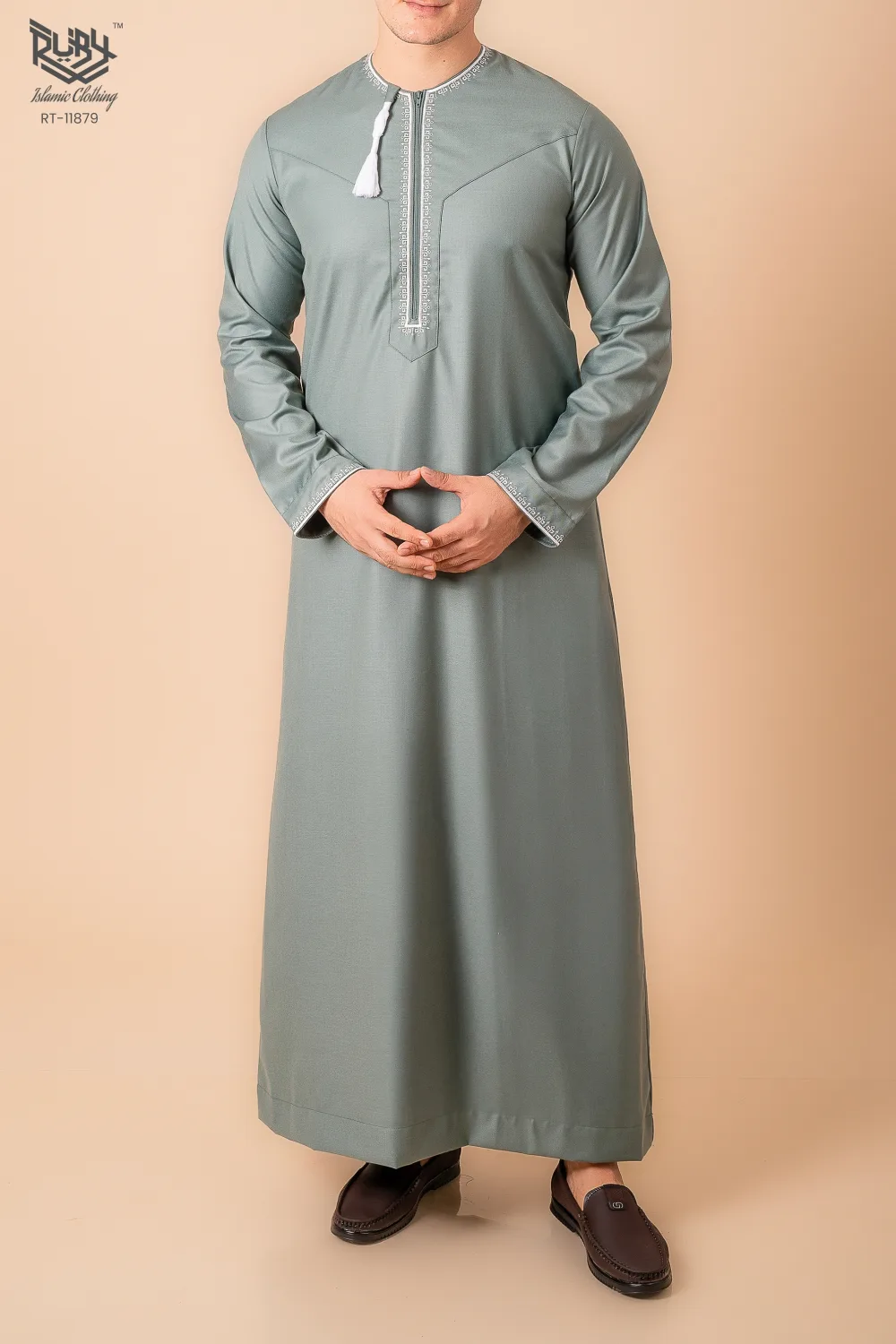 Sage Green Omani Thobe with Beige Geometric Embroidery & Tassel