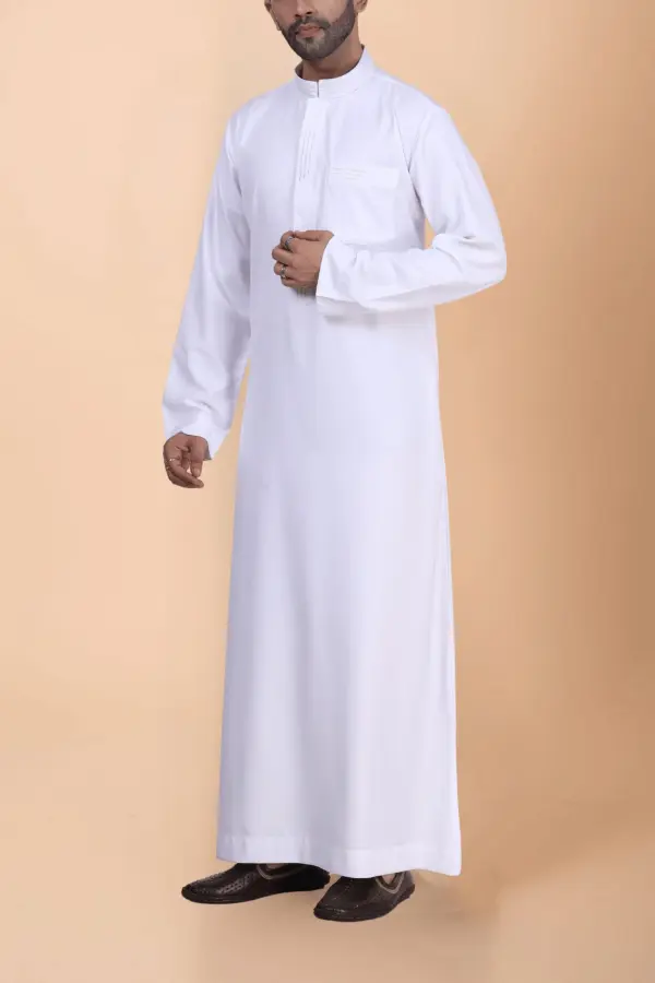 Classic White Plain Thobe with Band Collar & Clean Placket Design - Image 3 - Ruby Online