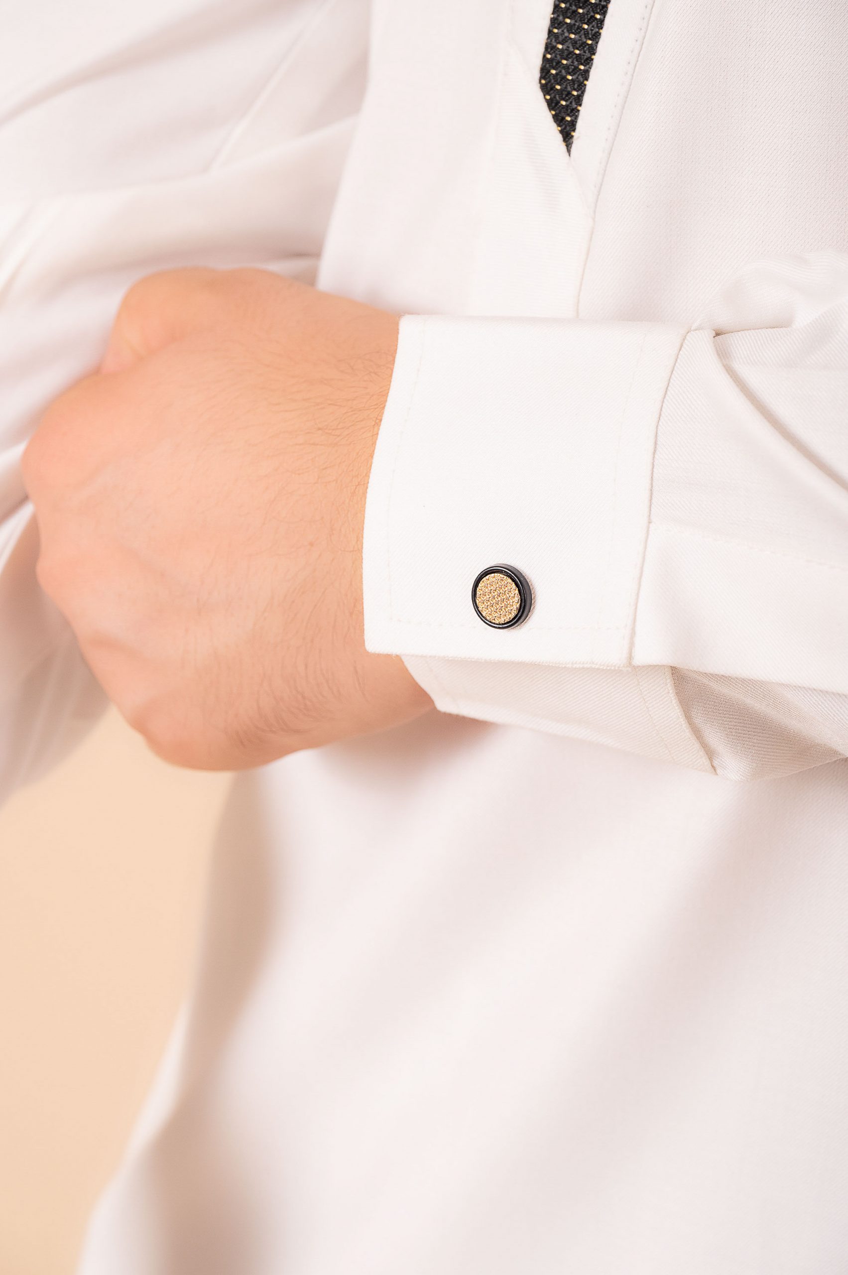 Luxury White Designer Thobe with Black Contrast Trim & Gold Detail - Image 10 - Ruby Online