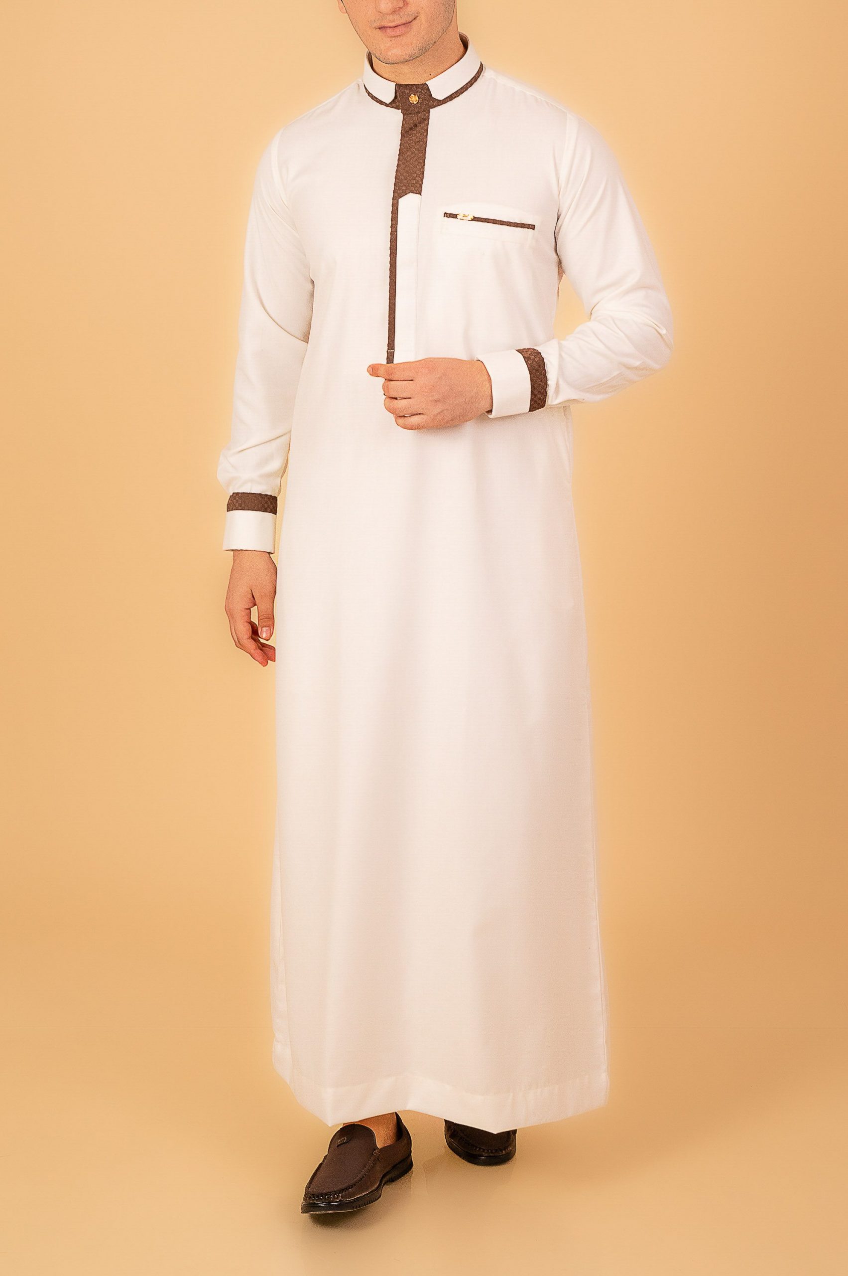 Men’s White Designer Thobe with Brown Contrast Piping – Premium Saudi Collar Kandura - Image 7 - Ruby Online