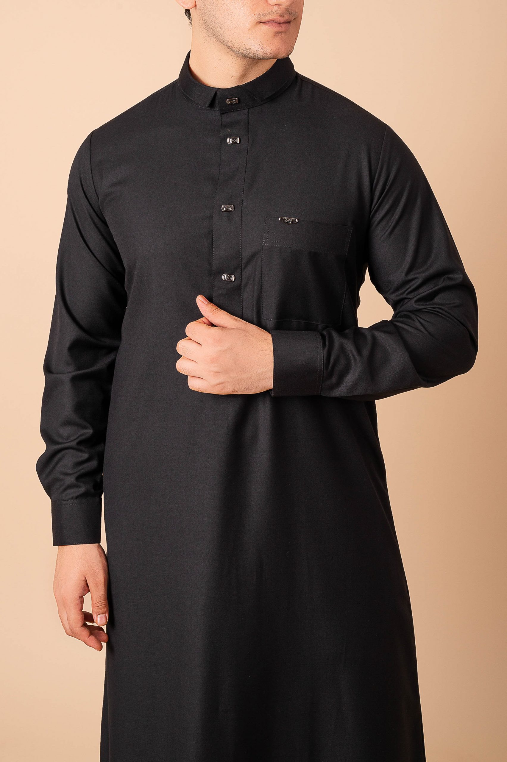 Luxury Deep Black Designer Thobe for Men with Gunmetal Button Placket & Modern Band Collar - Image 9 - Ruby Online