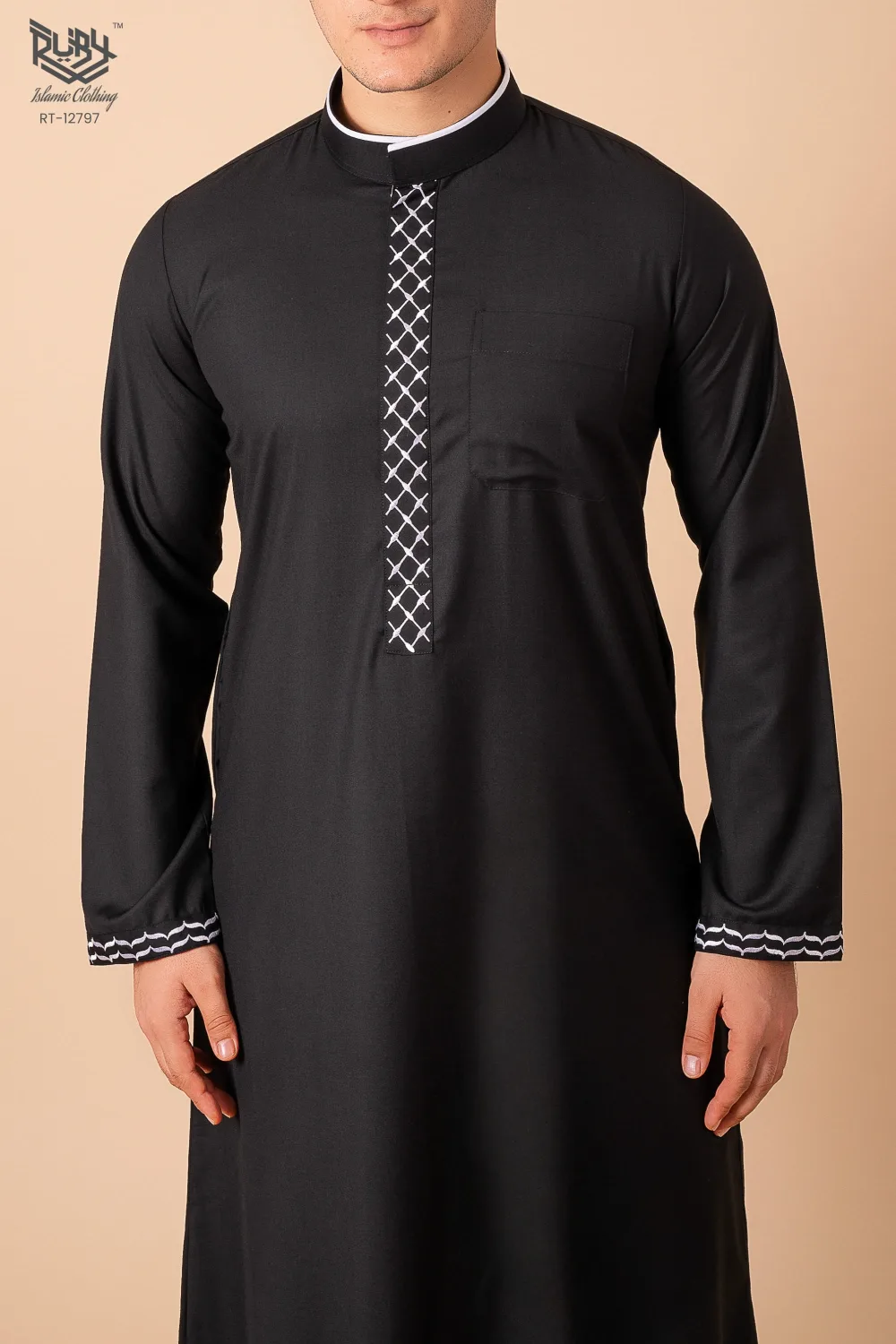 Jet Black Men’s Thobe with White Geometric Lattice Embroidered Placket & Cuff Borders - Image 4 - Ruby Online