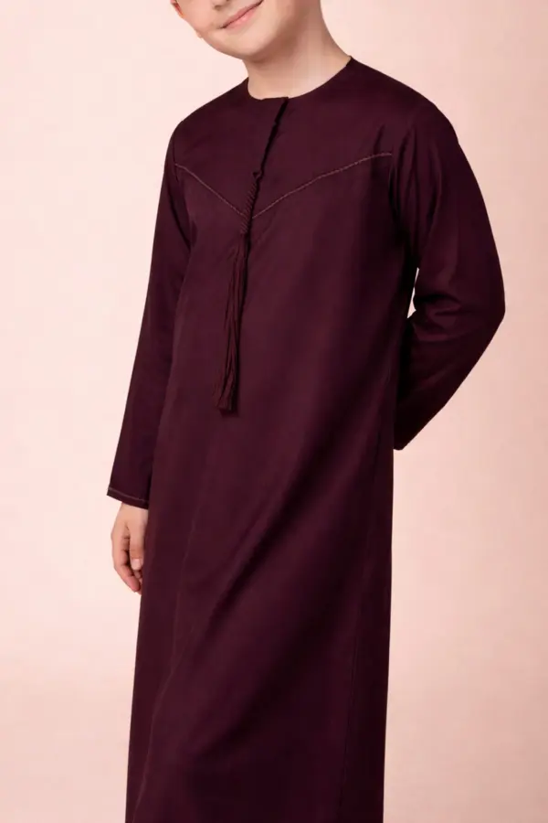 Luxury Deep Maroon Emirati Kids Thobe with V-Stitch Panel & Tassel - Image 4 - Ruby Online