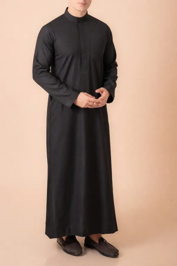 Premium Jet Black Minimalist Emirati Thobe with Concealed Placket - Image 4 - Ruby Online