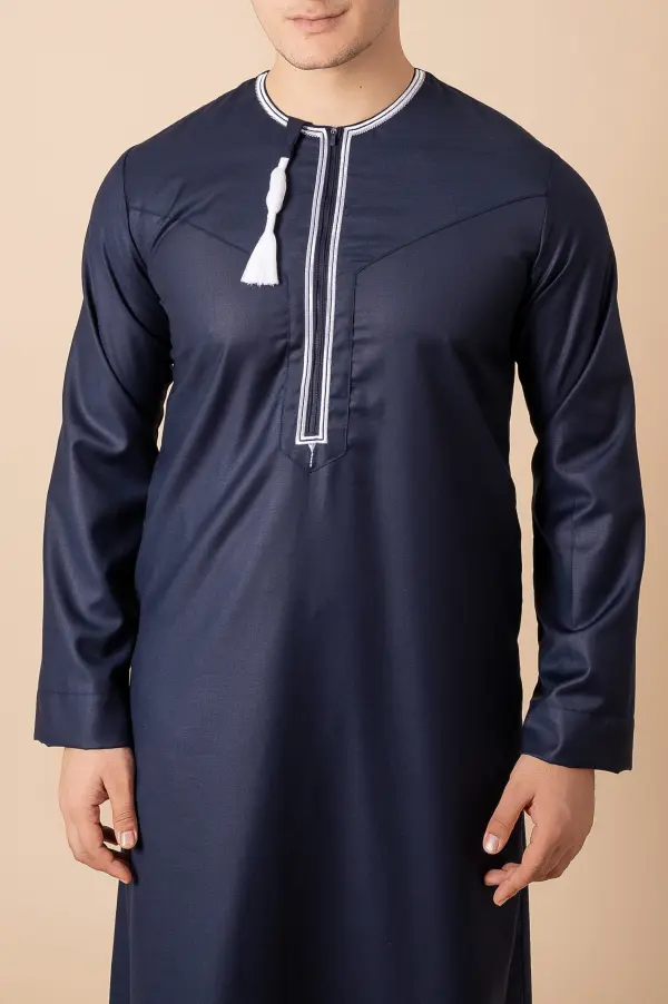Navy Blue Omani Thobe with White Embroidered Placket & Tassel - Image 5 - Ruby Online