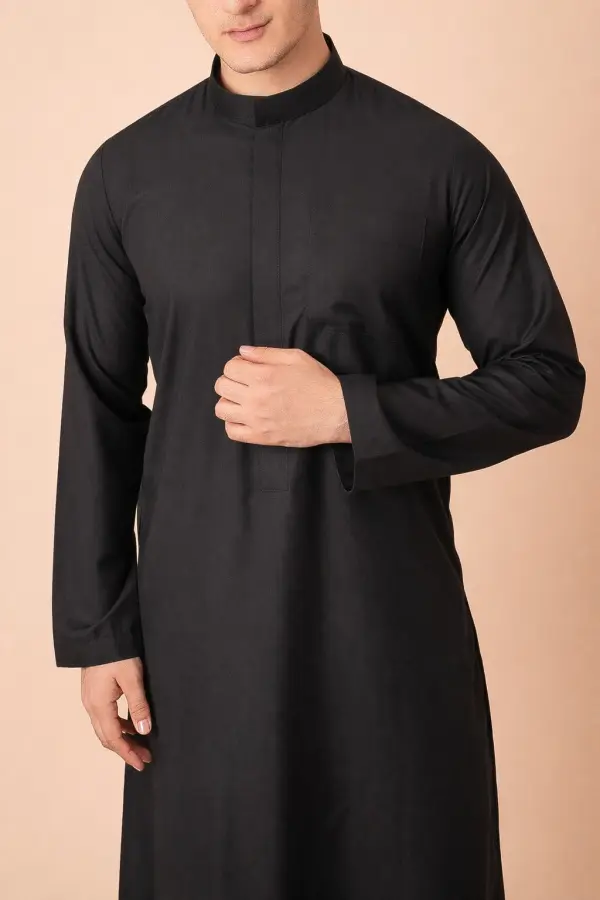 Premium Jet Black Minimalist Emirati Thobe with Concealed Placket - Image 5 - Ruby Online