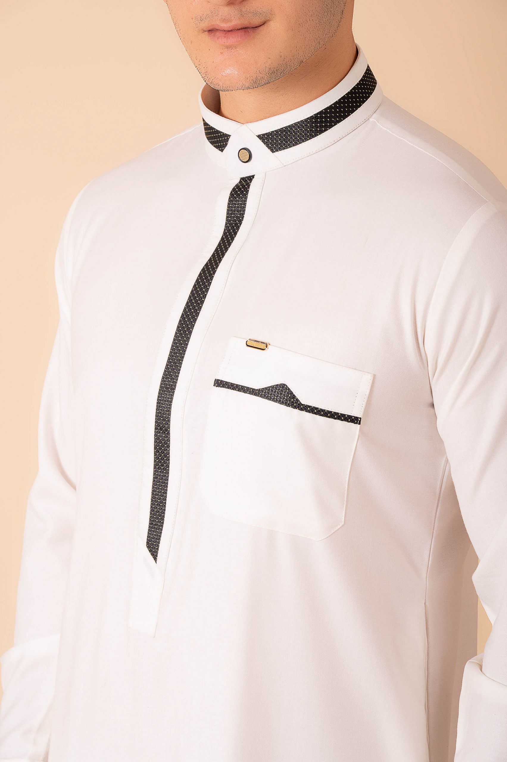 Luxury White Designer Thobe with Black Contrast Trim & Gold Detail - Image 9 - Ruby Online