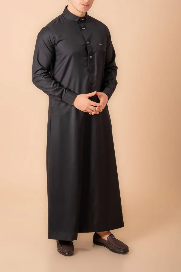 Luxury Deep Black Designer Thobe for Men with Gunmetal Button Placket & Modern Band Collar - Image 2 - Ruby Online