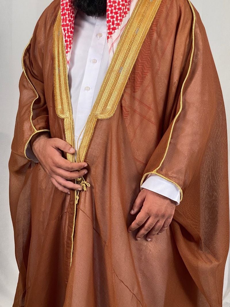 Golden Brown Arabic Bisht for Men with Gold Zari Border Embroidery – Premium Lightweight Open-Front Cloak - Image 3 - Ruby Online