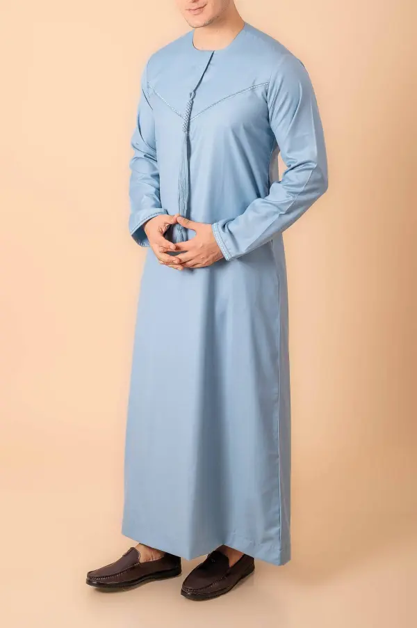 Premium Light Blue Emirati Tassel Thobe for Men – Elegant Braided Front Kandura Style - Image 3 - Ruby Online