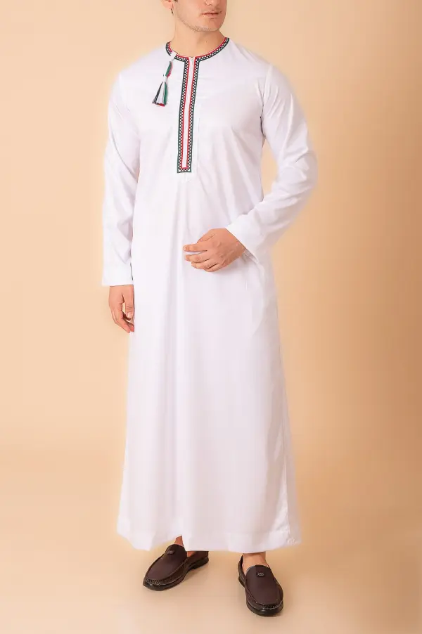 White Omani Thobe with Tricolor Embroidered Placket & Tassel