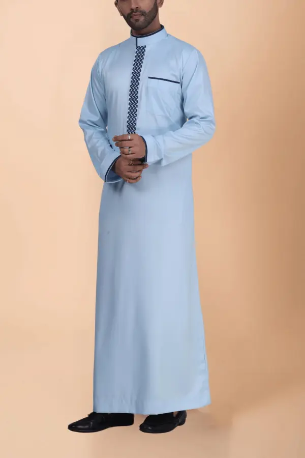 Light Blue Thobe with Navy Geometric Embroidery Strip & Band Collar - Image 5 - Ruby Online